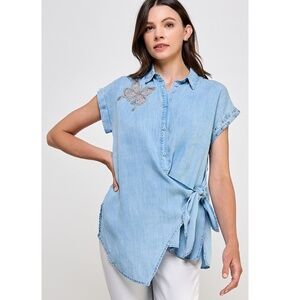 Pastel design Rhinestone Butterfly Button Denim Shirt
